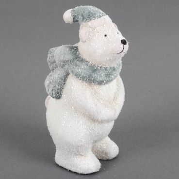 Keramik Eisbär mit Schnee & Glitzer, Schal & Mütze in Grau, 17 cm