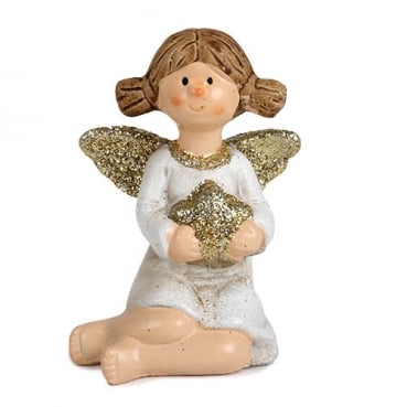Keramik Engel sitzend mit Flügeln und Stern in Gold glitzernd, 10,5 cm