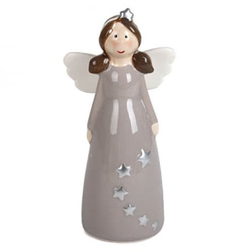Keramik Engel in Grau mit silbernen Sternen, 13 cm