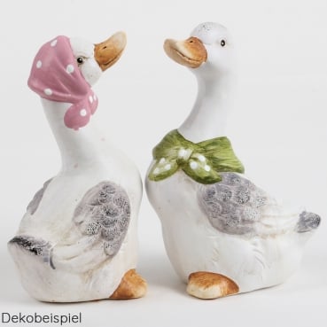 Keramik Gans mit rosa und Gans mit grünem Tuch, 13 cm.