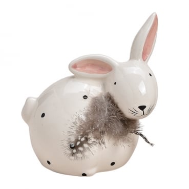 Keramik Osterhase mit Federschmuck, in Weiß/Schwarz, Nr. 1, 13,5 cm