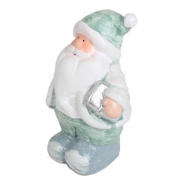 Keramik Weihnachtsmann in Mintgrün/Grau mit Geschenk in Silber, 11 cm