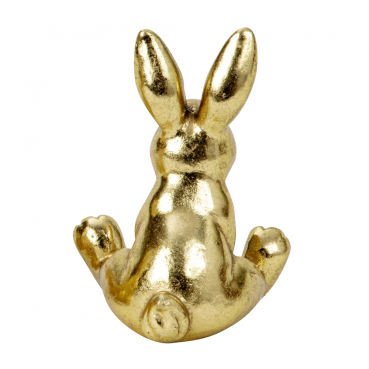 Rückansicht von der Dekofigur Osterhase sitzend, Pfötchen vorne, in Antik-Gold, 11 cm.