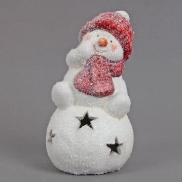 Keramik Schneemann sitzend auf Schneeball mit LED Beleuchtung, 14,5 cm