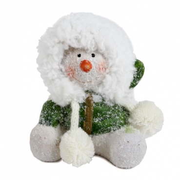 Keramik Schneemann mit Stoffmütze, beschneit in Grün, 80 mm