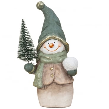 Keramik Schneemann mit Tannenbaum, in Salbei/Taupe, 22 cm