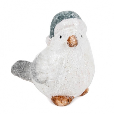 Keramik Vogel mit Schnee & Glitzer, Mütze in Grau, 90 mm