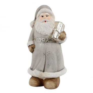 Keramik Weihnachtsmann mit Geschenk in Grau/Silber, glitzernd, 13 cm