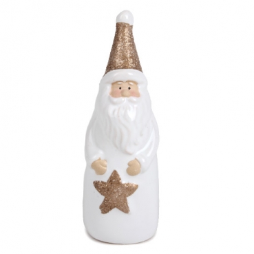Keramik Weihnachtsmann mit Glitzer Stern und Mütze in Weiß/Kupfer, 13 cm