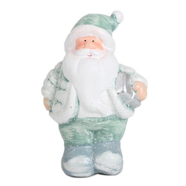 Keramik Weihnachtsmann in Mintgrün/Grau mit Geschenk in Silber, 11 cm