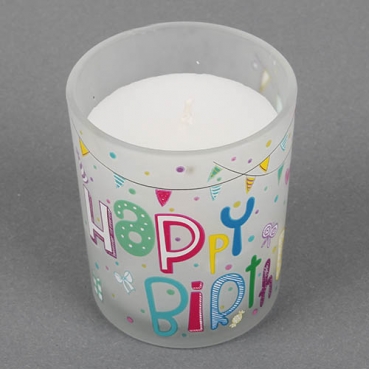 Kerzenglas -Happy Birthday- in Weiß