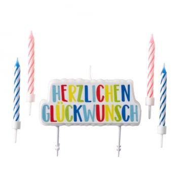5er Set Kerzen Herzlichen Glückwunsch, bunt, 85 mm