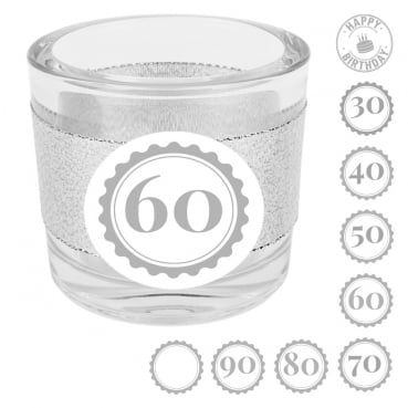 Kerzenglas Geburtstag, Glitzerband in Silber mit auswählbarer Jahreszahl, 80 mm