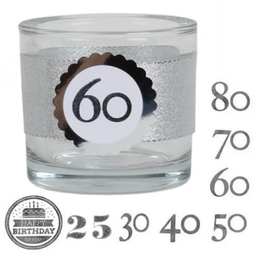 Teelichtglas Geburtstag, Glitzerband in Silber mit auswählbarer Jahreszahl, 65 mm