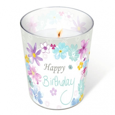 Kerzenglas Happy Birthday, Blüten in Pastellfarben, 10 cm