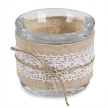 Teelichtglas Vintage Hochzeit mit Band in Hellbraun, 65 mm