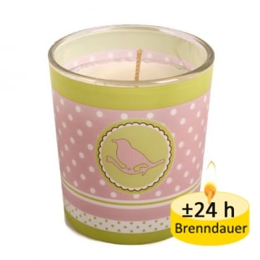 Kerze im Glas, Kerzenglas Vogelgesang in Hellgrün/Rosa, 78 mm