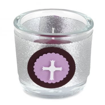 Kerzenglas Kommunion, Konfirmation mit Glitzerband, Kreuz, 80 mm