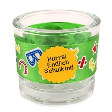Kerzenglas Einschulung mit Band, Button in Grün/Gelb, 80 mm
