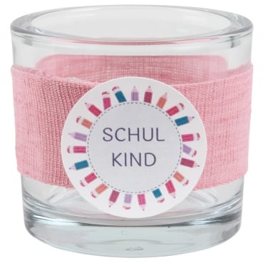 Kerzenglas Einschulung, Schulkind in Rosa, Schiftzug in Flieder, 80 mm
