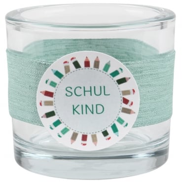 Kerzenglas Einschulung in Eukalyptus, Schiftzug in Grün, 80 mm