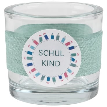 Kerzenglas Einschulung in Eukalyptus, Schiftzug in Petrol, 80 mm
