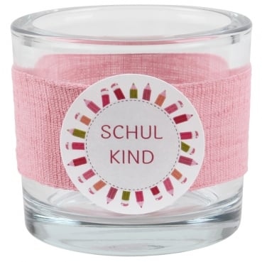 Kerzenglas Einschulung, Schulkind in Rosa, Schiftzug in Pink, 80 mm
