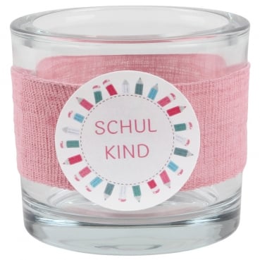 Kerzenglas Einschulung in Rosa, Schiftzug in Rosa, 80 mm