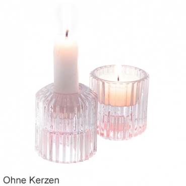Glas Kerzenhalter 2 in 1 für Spitzkerzen, Leuchterkerzen, Teelichter in Rosa