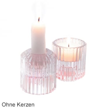 Glas Kerzenhalter 2 in 1 für Spitzkerzen, Leuchterkerzen, Teelichter in Rosa