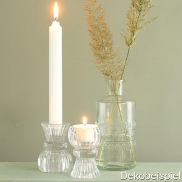 Glas Kerzenhalter Romantik, 2 in 1 für Spitzkerzen, Leuchterkerzen, Teelichter, klar Dekobeispiel für den Glas Kerzenhalter Romantik, 2 in 1 für Spitzkerzen, Leuchterkerzen, Teelichter, klar.