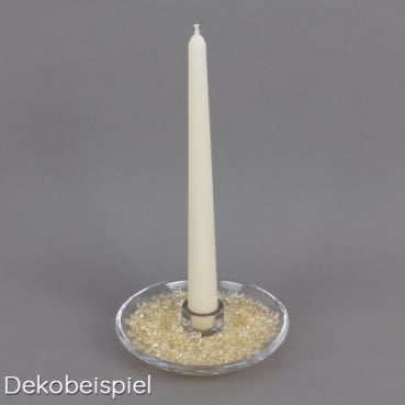 Glas Kerzenhalter für Spitzkerzen, Leuchterkerzen, zum Ausdekorieren, klar, 13,5 cm Dekobeispiel für den Glas Kerzenhalter für Spitzkerzen, Leuchterkerzen mit Raindrops ausdekoriert.