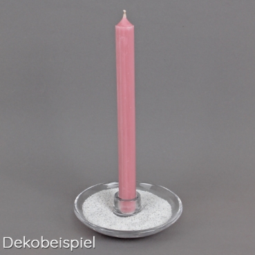 Glas Kerzenhalter für Spitzkerzen, Leuchterkerzen, zum Ausdekorieren, klar, 13,5 cm Dekobeispiel für den Glas Kerzenhalter für Spitzkerzen, Leuchterkerzen mit Farbsand ausdekoriert.