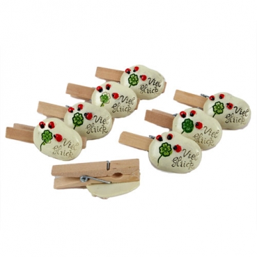 8 Glücksbringer Holz Klammern -Viel Glück-, 45 mm, für Gastgeschenke
