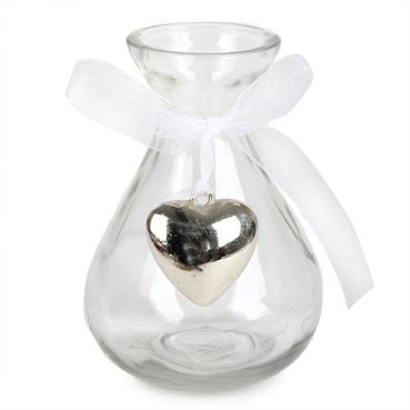 Glas Väschen mit Herzanhänger und Organzaschleife, 10 cm, Nr. 2