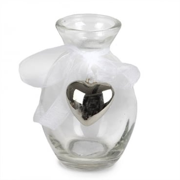 Glas Väschen Oval mit Herzanhänger und Organzaschleife, 10 cm