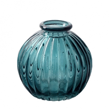 Kleines Glas Kugel Väschen mit Streifen in Petrol, 85 mm