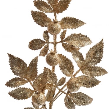 Nahaufnahme von der Kunstblume Blätterzweig mit Beeren in Champagner-Gold glitzernd, 35 cm.