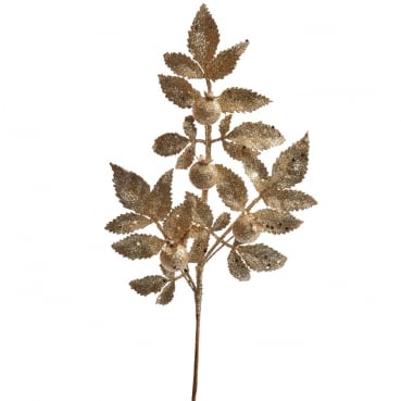 Kunstblume Blätterzweig mit Beeren in Champagner-Gold glitzernd, 35 cm