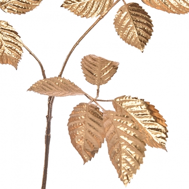 Nahaufnahme von der Kunstblume Blätterzweig mit Beeren in Champagner-Gold glitzernd, 35 cm.