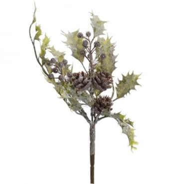 Kunstblume, Stechpalmenzweig, Ilex mit Schnee und Zapfen, glitzernd, 25 cm