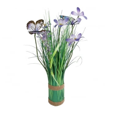 Kunstgras-Bündel mit Schmetterlingen und Blumen in Lila, 35 cm