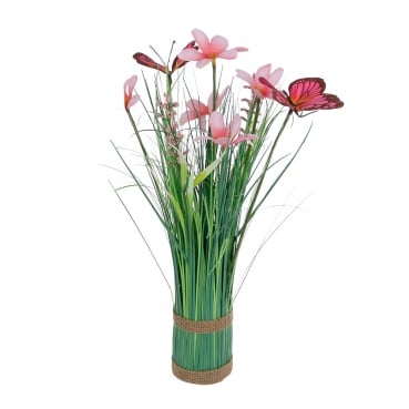 Kunstgras-Bündel mit Schmetterlingen und Blumen in Rosa, 35 cm