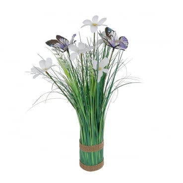 Kunstgras-Bündel mit Schmetterlingen und Blumen in Weiß, 35 cm