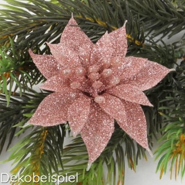 Kunstblume Kleiner Weihnachtsstern mit Clip in Rosé glitzernd, 80 mm