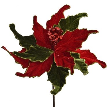 Kunstblume Weihnachtsstern mit samtiger Blüte in Rot/Grün glitzernd, 56 cm
