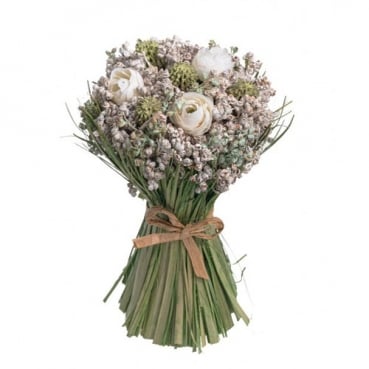 Kunstblumen Bouquet mit 3 Rosenköpfen in Weiß/Grün, 15 cm