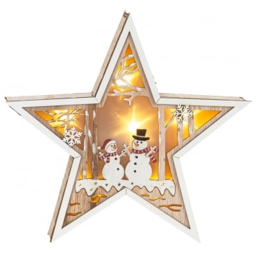 Deko Holz Stern mit LED Beleuchtung, Schneemann-Motiv, 26 cm