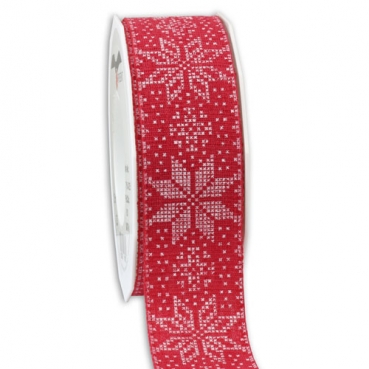15 Meter Leinen Tischband Weihnachten, Nordisches Wintermuster in Rot, 40 mm