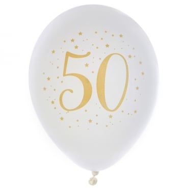 8er Pack Luftballons Geburtstag -50- in Weiß/Gold